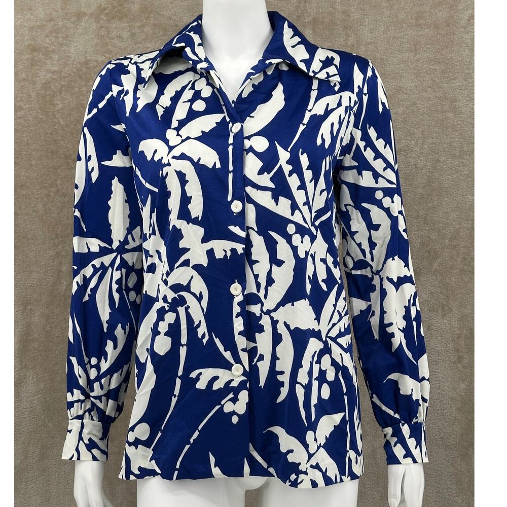 Vintage De Weese Design Top Womens Medium‎ Blue White Tropical Palm Trees Beach
